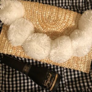 Fun Straw Clutch with Pom Details - White